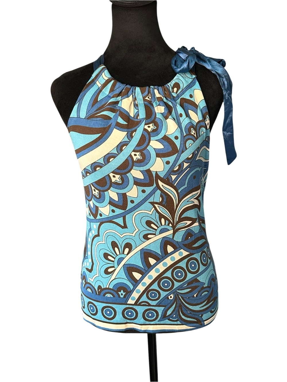 Ann Taylor Women’s XS Blue Brown Paisley Halter Top Satin Tie Y2K Retro